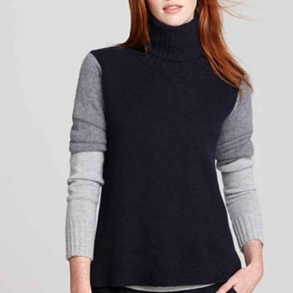 VINCE WOOL CASHMERE TURTLENECK SWEATER NAVY COLORBLOCK  XS